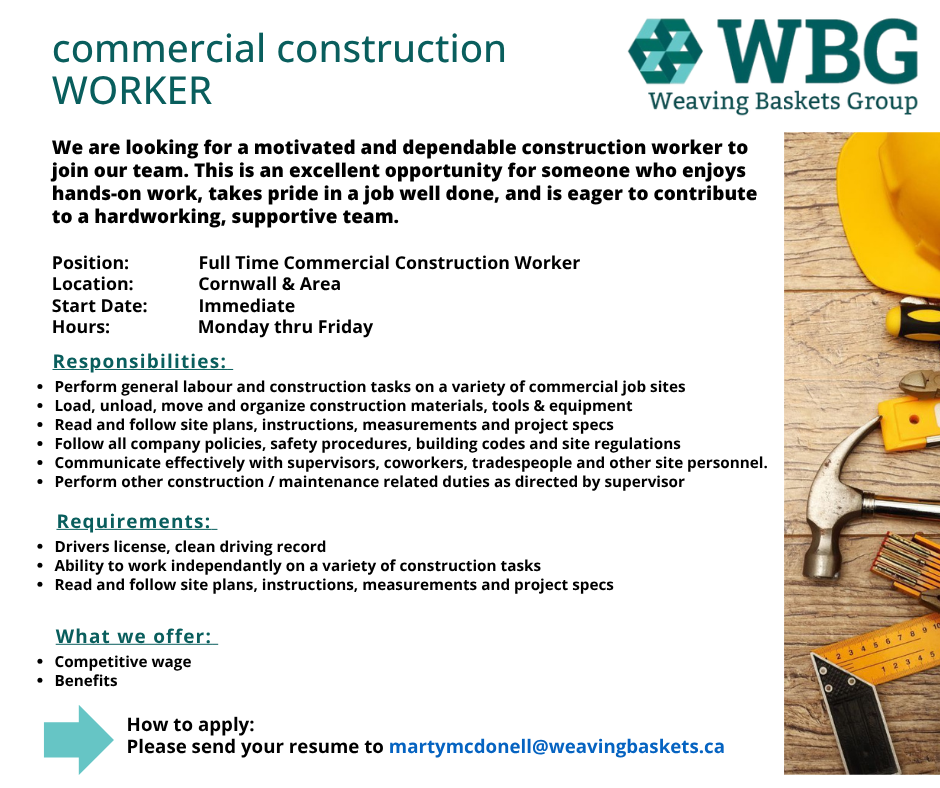 We are looking for a motivated and dependable construction worker to join our team. This is an excellent opportunity for someone who enjoys hands-on work, takes pride in a job well done, and is eager to contribute
to a hardworking, supportive team.